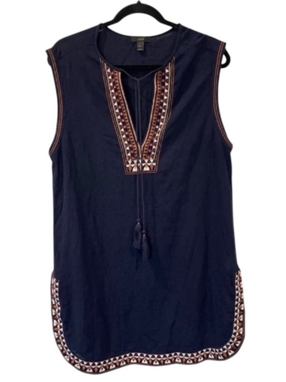 J. Crew Navy Embroidered Tassel Tunic Swim Coverup Cotton Gauze Sz Medium